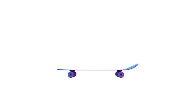 Close up neon colorful skateboard ride to jumping in the air, 3d rendering looping animation movement with alpha channel, isolated white background.