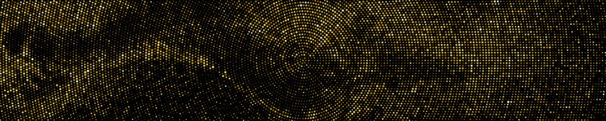 Gold Glitter Halftone Dotted Backdrop. Abstract Circular Retro Pattern. Pop Art Style Background. Golden Explosion Of Confetti. Wide Horizontal Long Banner For Site. Vector Illustration, Eps 10. 