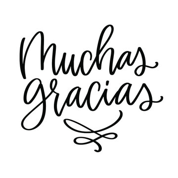Muchas gracias which means Thank you very much in Spanish language calligraphy sign with flourish decoration. Suitable for mother gratitude or teacher appreciation card.