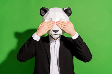 Photo of secretive incognito guy hands close eyes wear panda mask black tuxedo isolated on green...