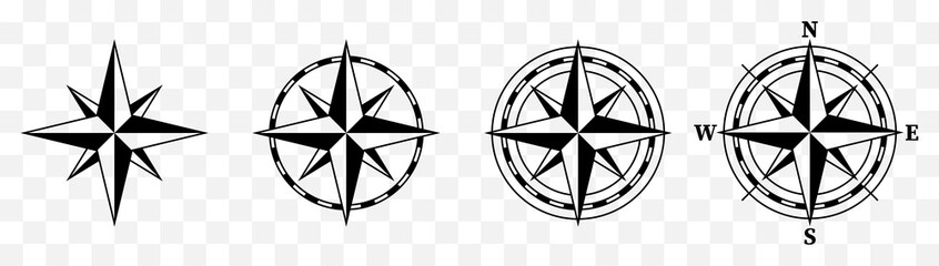 Compass black icon set . Wind rose signs. Cardinal compass symbols : North, South, East, West. Isolated realistic design, vector illustration on white background. - obrazy, fototapety, plakaty