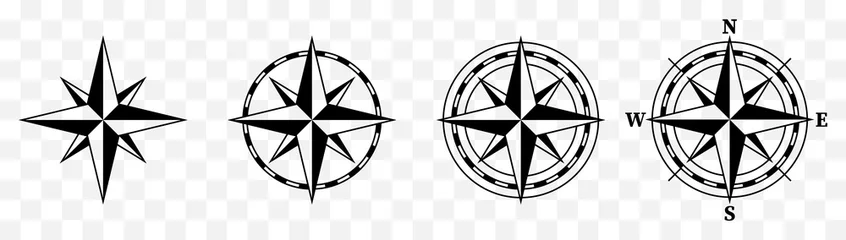 Fotobehang Compass black icon set . Wind rose signs. Cardinal compass symbols : North, South, East, West. Isolated realistic design, vector illustration on white background. © Neo