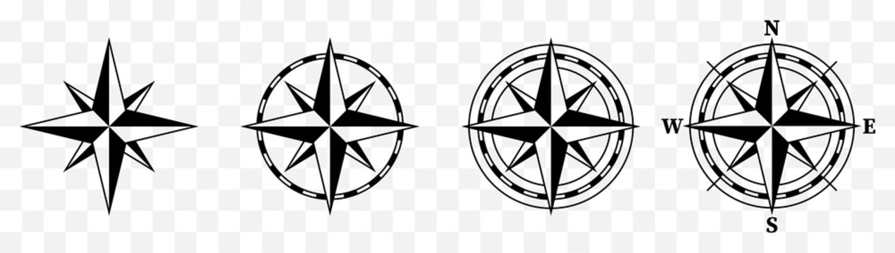 Compass black icon set . Wind rose signs. Cardinal compass symbols : North, South, East, West. Isolated realistic design, vector illustration on white background.