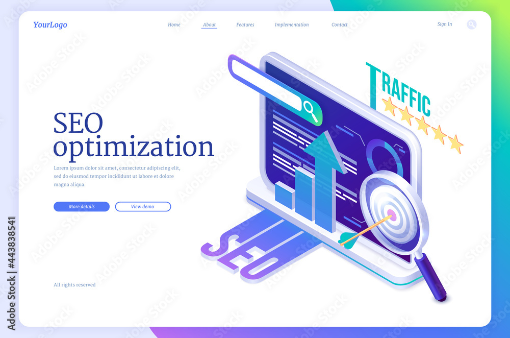 Wall mural seo search engine optimization isometric landing page. technology for internet marketing and digital