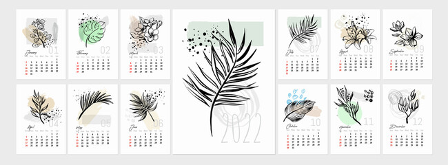 Fototapeta na wymiar Vector art tropical flower Calendar 2022 year. Leaf tropic on geometric shapes background. 
