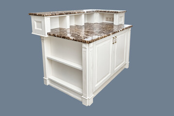 Kitchen island in country style with granite countertops isolated on gray background