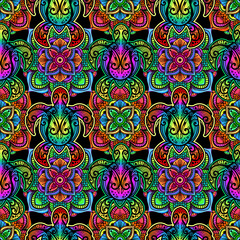 Sea turtle in psychedelic multicolor colors with lotuses and mandala in the style of boho - seamless pattern
