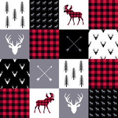 .Buffalo plaid seamless pattern in patchwork style. Elk, arrows, deer head and trees. Vector design. - obrazy, fototapety, plakaty