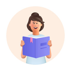 Young woman Jane reading book, studying and preparing for examination.3d vector people character illustration.