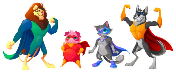 Superhero animals with mask and cape. Cute characters in super hero costume. Vector cartoon set of strong lion, wolf, pig and cat in disguise suit with cloak isolated on white background