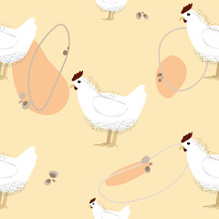 Seamless pattern in rich colors with the image of white chickens in a checkerboard pattern in a flat style with the addition of small decorative details. For printing on paper, textiles, linen, dishes