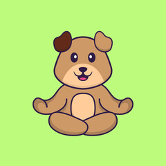 Cute dog is meditating or doing yoga. Animal cartoon concept isolated. Can used for t-shirt, greeting card, invitation card or mascot. Flat Cartoon Style