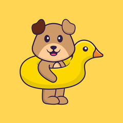 Cute dog With Duck buoy. Animal cartoon concept isolated. Can used for t-shirt, greeting card, invitation card or mascot. Flat Cartoon Style