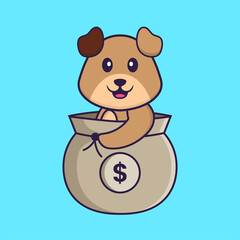 Cute dog in a money bag. Animal cartoon concept isolated. Can used for t-shirt, greeting card, invitation card or mascot. Flat Cartoon Style