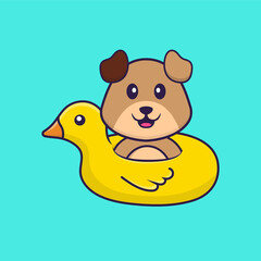 Cute dog With Duck buoy. Animal cartoon concept isolated. Can used for t-shirt, greeting card, invitation card or mascot. Flat Cartoon Style
