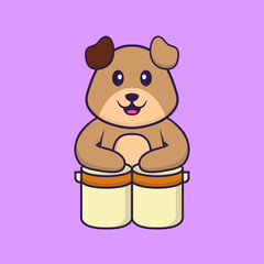 Cute dog is playing drums. Animal cartoon concept isolated. Can used for t-shirt, greeting card, invitation card or mascot. Flat Cartoon Style