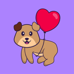 Fototapeta na wymiar Cute dog flying with love shaped balloons. Animal cartoon concept isolated. Can used for t-shirt, greeting card, invitation card or mascot. Flat Cartoon Style