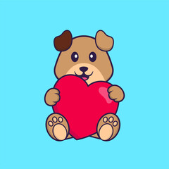Cute dog holding a big red heart. Animal cartoon concept isolated. Can used for t-shirt, greeting card, invitation card or mascot. Flat Cartoon Style