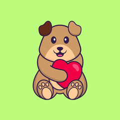 Cute dog holding a big red heart. Animal cartoon concept isolated. Can used for t-shirt, greeting card, invitation card or mascot. Flat Cartoon Style