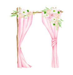 Watercolor square wedding arch with flowers. Hand drawn wood archway, pink veil curtains, blush floral arrangement isolated on white. Rustic wedding decoration, bohemian decor for invitation.