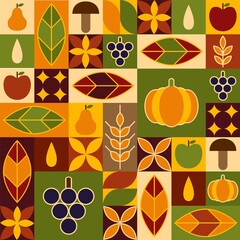 Autumn pattern in geometric style. Natural elements in simple geometric shapes, flat style. Good for autumn templates, cover design. Vector.