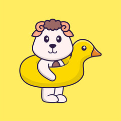 Cute sheep With Duck buoy. Animal cartoon concept isolated. Can used for t-shirt, greeting card, invitation card or mascot. Flat Cartoon Style