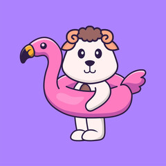 Cute sheep With flamingo buoy. Animal cartoon concept isolated. Can used for t-shirt, greeting card, invitation card or mascot. Flat Cartoon Style