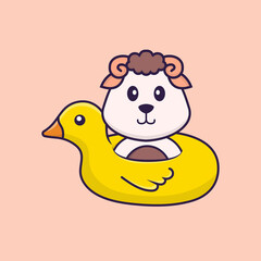 Cute sheep With Duck buoy. Animal cartoon concept isolated. Can used for t-shirt, greeting card, invitation card or mascot. Flat Cartoon Style