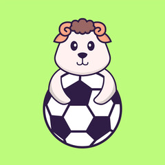 Cute sheep playing soccer. Animal cartoon concept isolated. Can used for t-shirt, greeting card, invitation card or mascot. Flat Cartoon Style