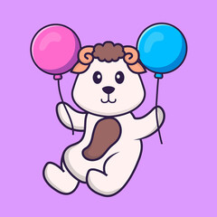 Fototapeta na wymiar Cute sheep flying with two balloons. Animal cartoon concept isolated. Can used for t-shirt, greeting card, invitation card or mascot. Flat Cartoon Style