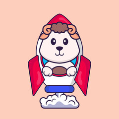 Cute sheep flying on rocket. Animal cartoon concept isolated. Can used for t-shirt, greeting card, invitation card or mascot. Flat Cartoon Style