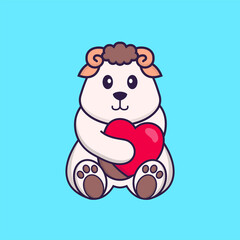 Cute sheep holding a big red heart. Animal cartoon concept isolated. Can used for t-shirt, greeting card, invitation card or mascot. Flat Cartoon Style