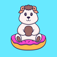 Fototapeta premium Cute sheep is sitting on donuts. Animal cartoon concept isolated. Can used for t-shirt, greeting card, invitation card or mascot. Flat Cartoon Style