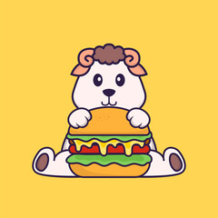 Cute sheep eating burger. Animal cartoon concept isolated. Can used for t-shirt, greeting card, invitation card or mascot. Flat Cartoon Style