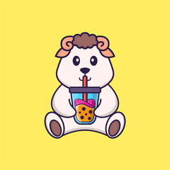 Cute sheep Drinking Boba milk tea. Animal cartoon concept isolated. Can used for t-shirt, greeting card, invitation card or mascot. Flat Cartoon Style