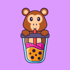 Cute monkey Drinking Boba milk tea. Animal cartoon concept isolated. Can used for t-shirt, greeting card, invitation card or mascot. Flat Cartoon Style