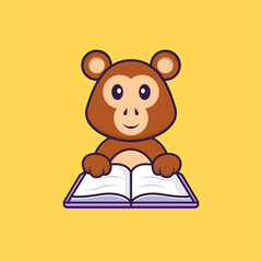 Cute monkey reading a book. Animal cartoon concept isolated. Can used for t-shirt, greeting card, invitation card or mascot. Flat Cartoon Style