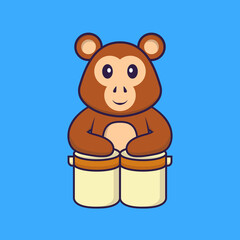 Cute monkey is playing drums. Animal cartoon concept isolated. Can used for t-shirt, greeting card, invitation card or mascot. Flat Cartoon Style