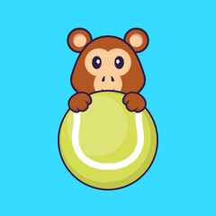 Cute monkey playing tennis. Animal cartoon concept isolated. Can used for t-shirt, greeting card, invitation card or mascot. Flat Cartoon Style
