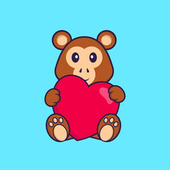 Cute monkey holding a big red heart. Animal cartoon concept isolated. Can used for t-shirt, greeting card, invitation card or mascot. Flat Cartoon Style