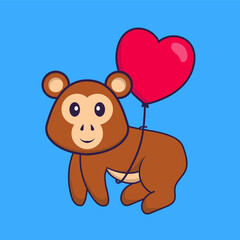 Cute monkey flying with love shaped balloons. Animal cartoon concept isolated. Can used for t-shirt, greeting card, invitation card or mascot. Flat Cartoon Style