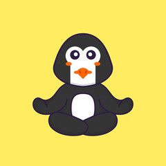 Cute penguin is meditating or doing yoga. Animal cartoon concept isolated. Can used for t-shirt, greeting card, invitation card or mascot. Flat Cartoon Style