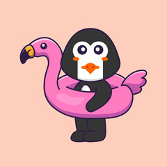 Cute penguin With flamingo buoy. Animal cartoon concept isolated. Can used for t-shirt, greeting card, invitation card or mascot. Flat Cartoon Style