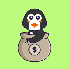 Cute penguin in a money bag. Animal cartoon concept isolated. Can used for t-shirt, greeting card, invitation card or mascot. Flat Cartoon Style