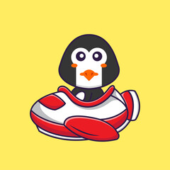 Cute penguin flying on a plane. Animal cartoon concept isolated. Can used for t-shirt, greeting card, invitation card or mascot. Flat Cartoon Style