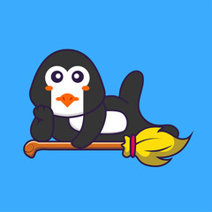 Cute penguin lying on Magic Broom. Animal cartoon concept isolated. Can used for t-shirt, greeting card, invitation card or mascot. Flat Cartoon Style