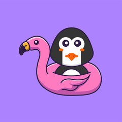 Cute penguin With flamingo buoy. Animal cartoon concept isolated. Can used for t-shirt, greeting card, invitation card or mascot. Flat Cartoon Style