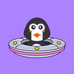 Cute penguin Driving Spaceship Ufo. Animal cartoon concept isolated. Can used for t-shirt, greeting card, invitation card or mascot. Flat Cartoon Style