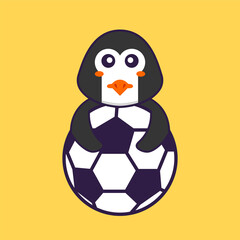 Cute penguin playing soccer. Animal cartoon concept isolated. Can used for t-shirt, greeting card, invitation card or mascot. Flat Cartoon Style