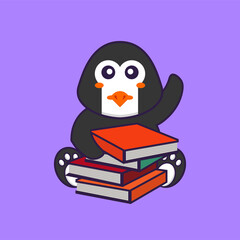 Cute penguin reading a book. Animal cartoon concept isolated. Can used for t-shirt, greeting card, invitation card or mascot. flat cartoon style